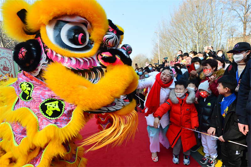 2023年2月5日，在山東省青島市城陽區(qū)第二十八屆“民間藝術(shù)節(jié)”鬧元宵展演活動(dòng)上，來自紅島街道的舞獅吸引市民圍觀。王海濱攝