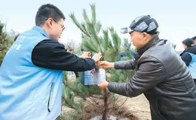 校園“雷鋒林”內，雷鋒班第13任班長王顯榮（右）與學生一起掛上種植牌。青島黃海學院供圖