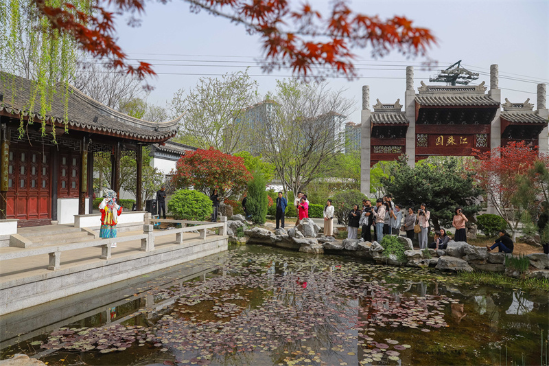 2025年4月17日，在山東省青島世博園江蘇園景區，京劇演員為大家表演梅派名段《貴妃醉酒》。張鷹 攝 