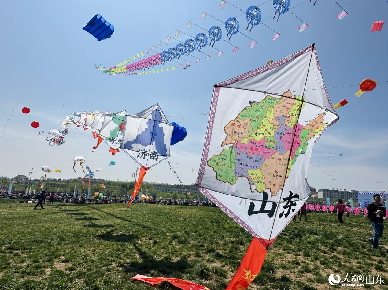 代表山東省各地市的風箏緩緩升上天際。 人民網 喬姝攝
